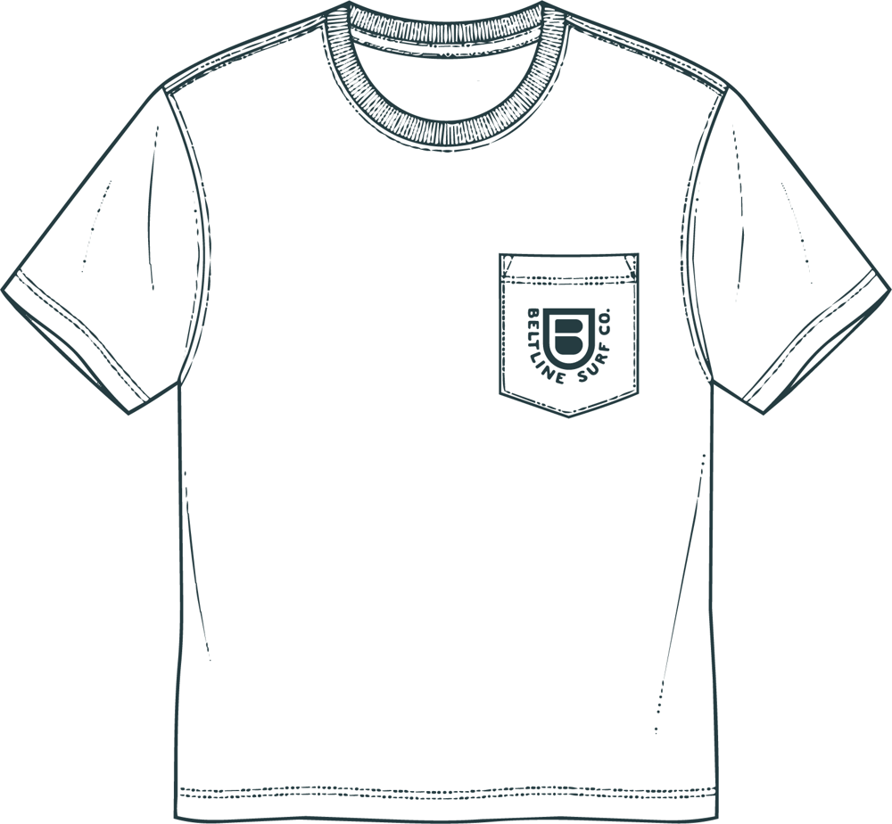 Line drawing of a pocket tee with the Beltline Surf Co. shield badge on the chest pocket